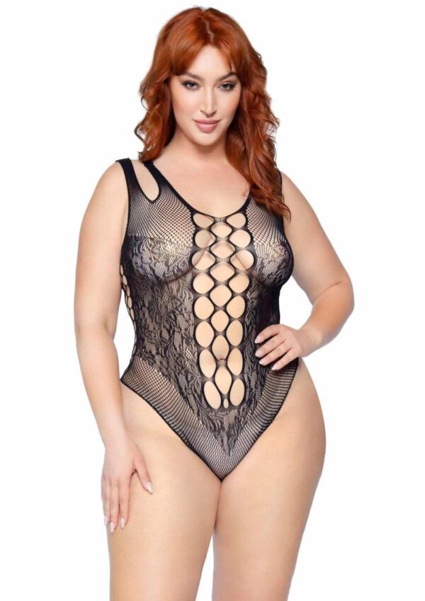 LA 81641X NET AND LACE BODYSUIT BLACK 1X/2X