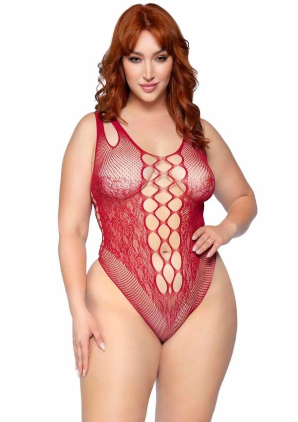 LA 81641X NET AND LACE BODYSUIT BURGUNDY 1X/2X - Image 3
