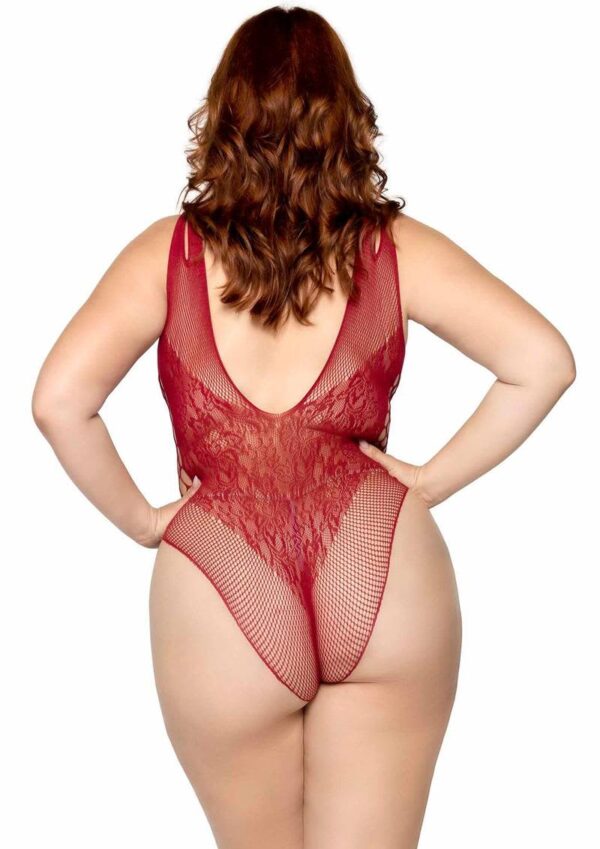 LA 81641X NET AND LACE BODYSUIT BURGUNDY 1X/2X - Image 2