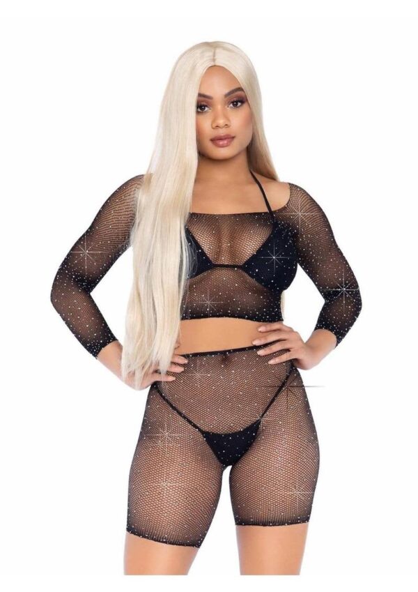 LA 81608 2PC RHINESTONE FISHNET BLACK