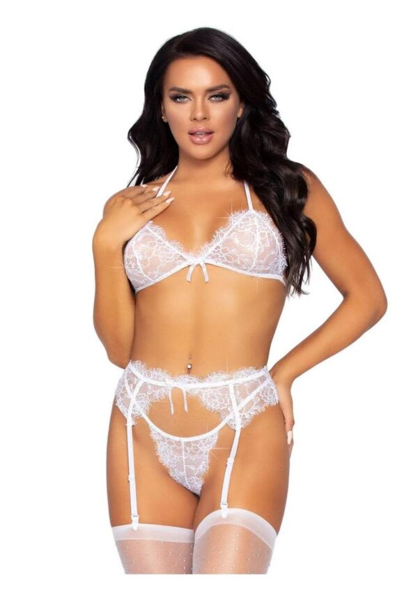 LA 81627 3PC RHINESTONE LACE SET WHT L