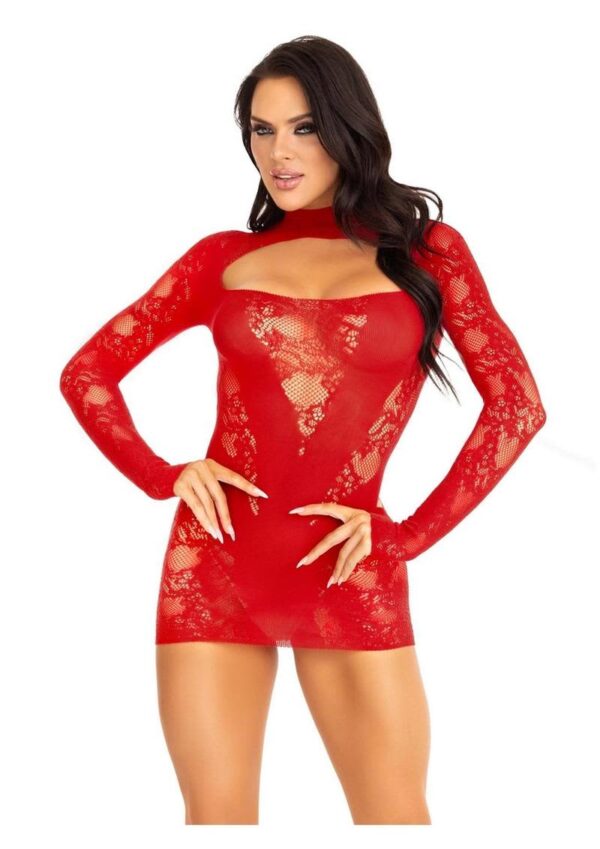 LA 87204 LACE MINI DRESS W/GLOVED SLEEVES RED