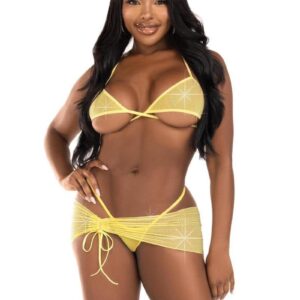 LA 81660 3PC RHINESTONE BRA PANTY SARONG YELLOW S/M