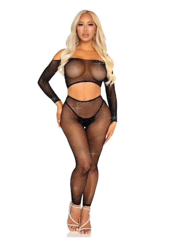 LA 89354 RHINESTONE FISHNET CROP & FOOTLESS BLK