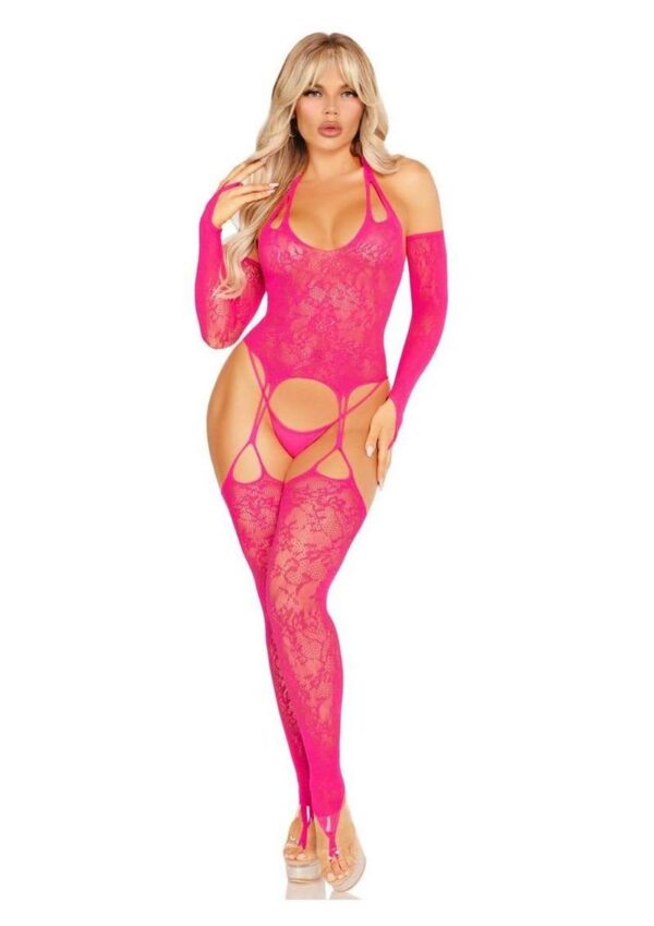 LA 89346 2PC LACE FOOTLESS CAMI TOE LOOP STOCKING PNK
