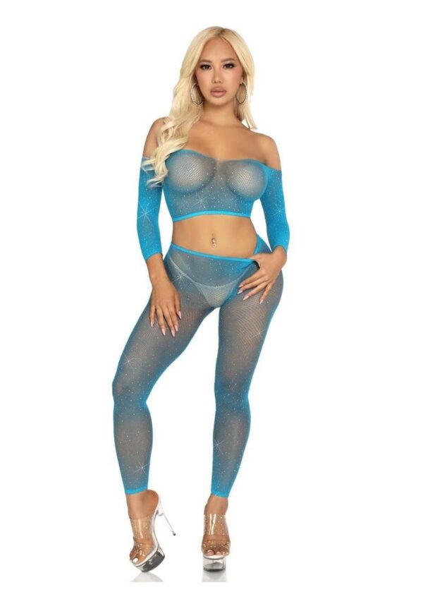 LA 89354 RHINESTONE FISHNET CROP & FOOTLESS BLUE