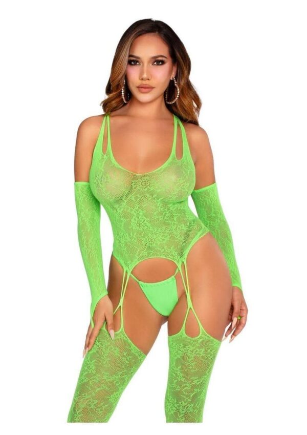 LA 89346 2PC LACE FOOTLESS CAMI TOE LOOP STOCKING GREEN - Image 3