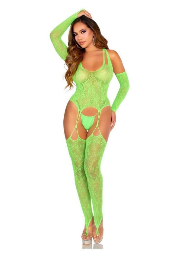 LA 89346 2PC LACE FOOTLESS CAMI TOE LOOP STOCKING GREEN