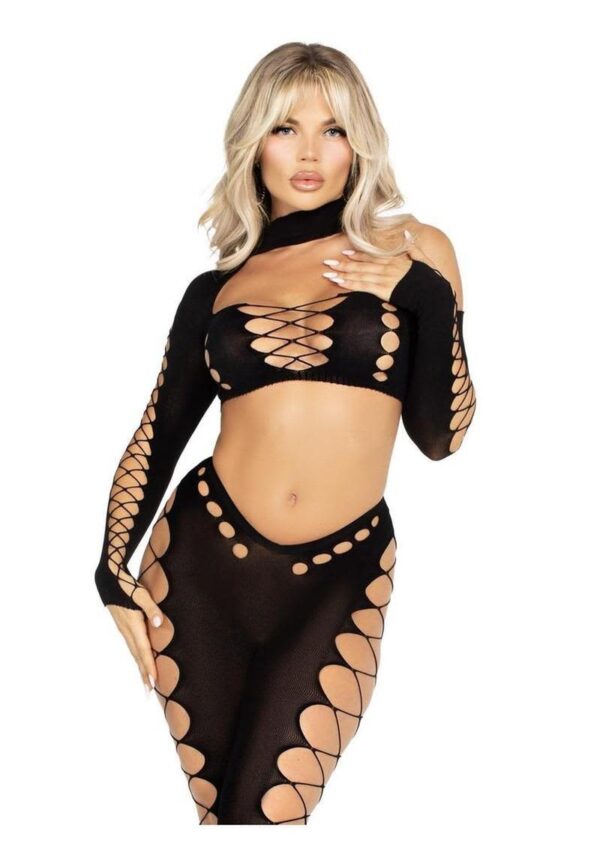 LA 89349 CUT OUT CROP TOP FOOTLESS TIGHTS BLK - Image 3