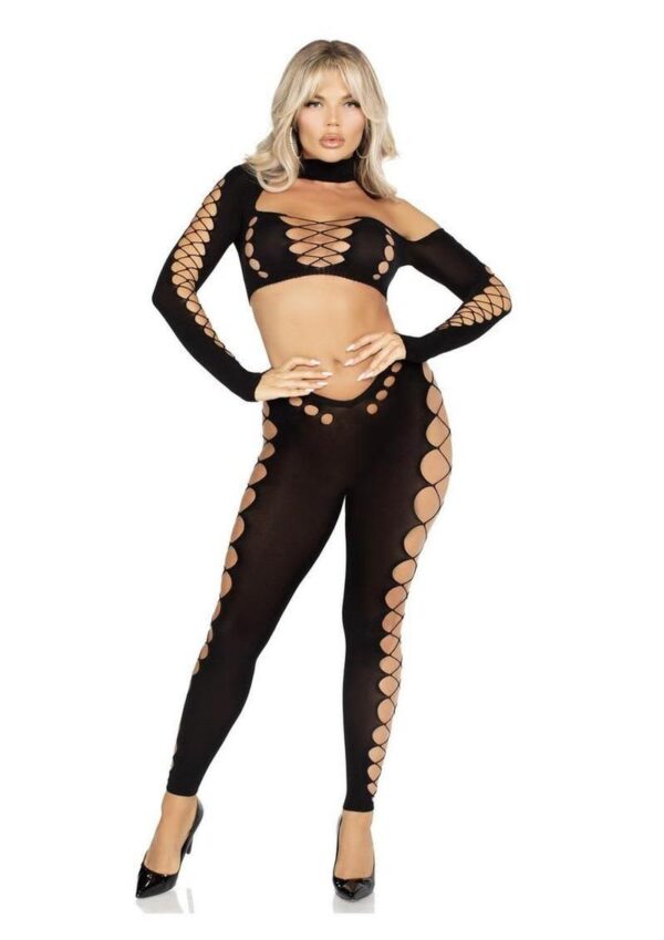 LA 89349 CUT OUT CROP TOP FOOTLESS TIGHTS BLK