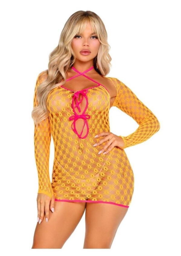 LA 87254 2PC EYELET NET MINI DRESS NEON ORANGE