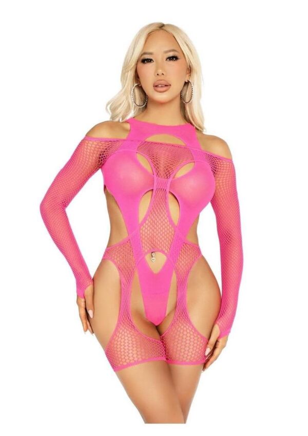 LA 89356 2PC FISHNET GARTER HARNESS TEDDY PINK - Image 3