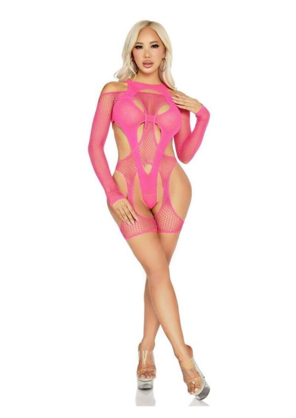 LA 89356 2PC FISHNET GARTER HARNESS TEDDY PINK