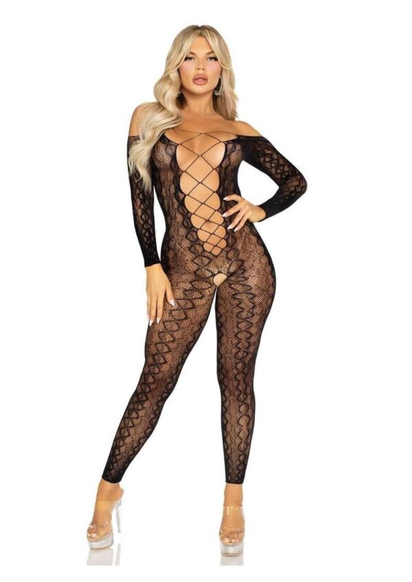 LA 89357 PYTHON NET CROTCHLESS JUMPSUIT BLACK