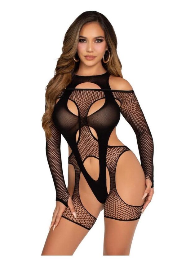 LA 89356 2PC FISHNET GARTER HARNESS TEDDY BLACK - Image 3
