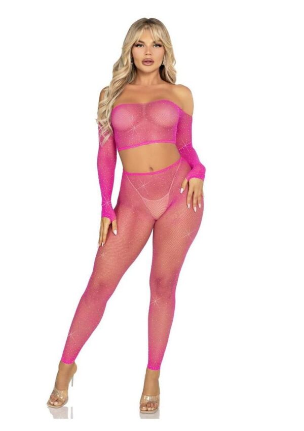 LA 89354 2PC RHINESTONE FISHNET SET PINK