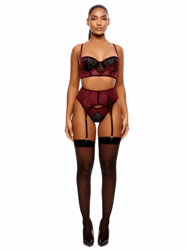 FP 774728 3PC BRA GARTER THONG VELVET/JEWEL WINE XL