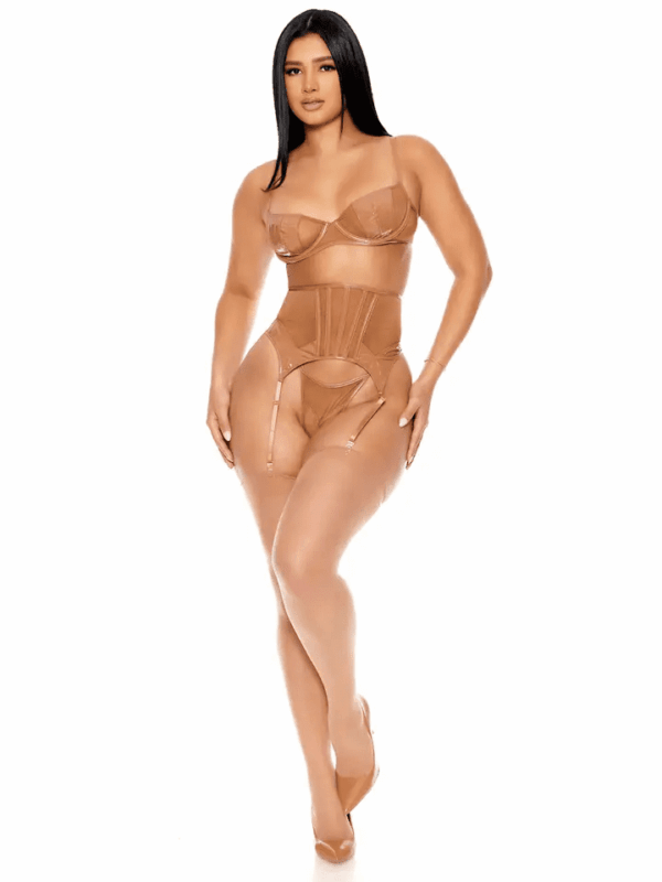 FP 773079 3PC VINYL BRA GARTER THONG BROWN S