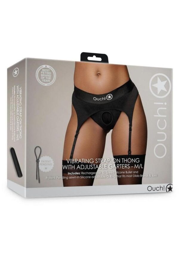 SOA OUCH VIBRATING STRAP-ON THONG W/GARTERS BLK M/L