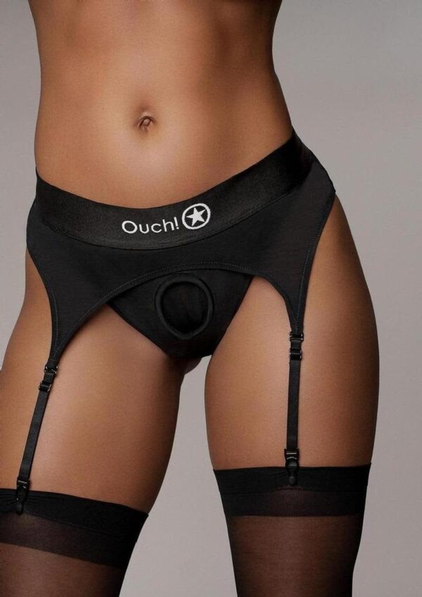 SOA OUCH VIBRATING STRAP-ON THONG W/GARTERS BLK M/L - Image 2