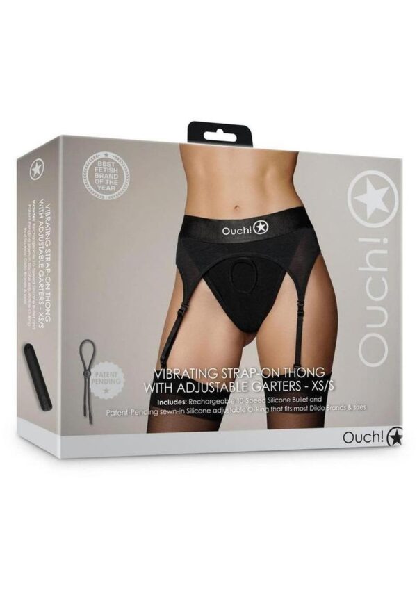 SOA OUCH VIBRATING STRAP-ON THONG W/GARTERS BLK XL/XXL