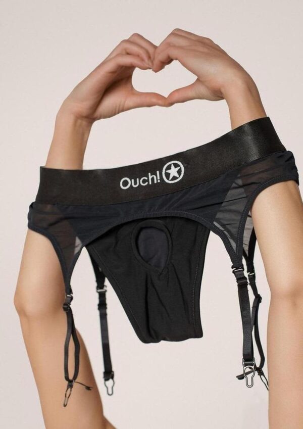 SOA OUCH VIBRATING STRAP-ON THONG W/GARTERS BLK XS-S - Image 4
