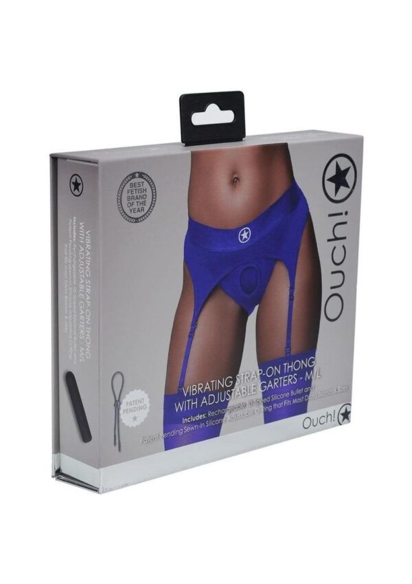 SOA OUCH VIBRATING STRAP-ON THONG W/GARTERS BLUE M/L