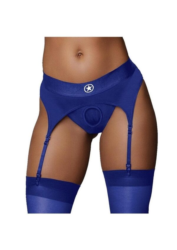 SOA OUCH VIBRATING STRAP-ON THONG W/GARTERS BLUE M/L - Image 4