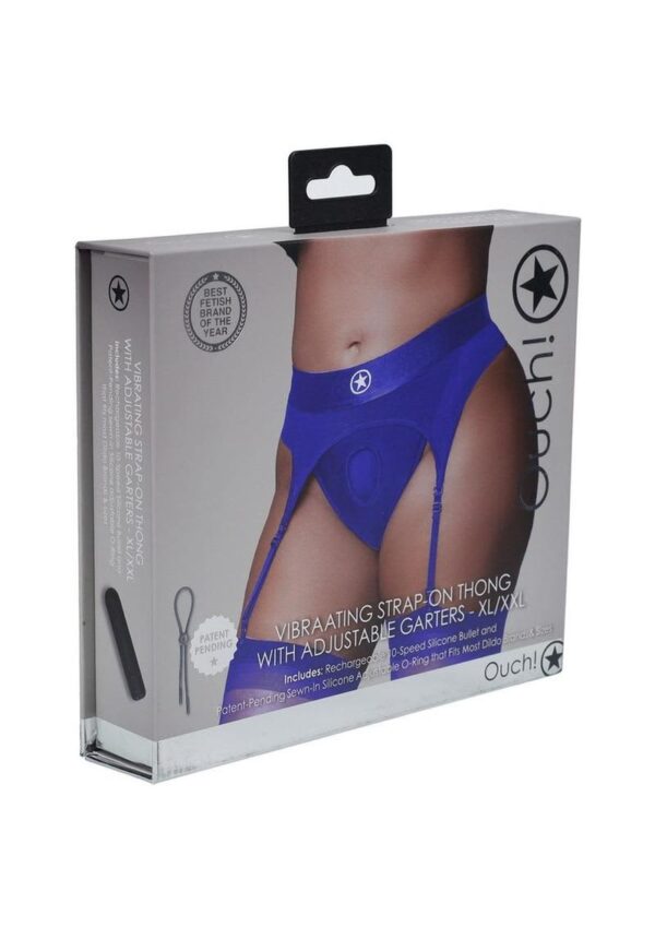 SOA OUCH VIBRATING STRAP-ON THONG W/GARTERS BLUE XL/XXL