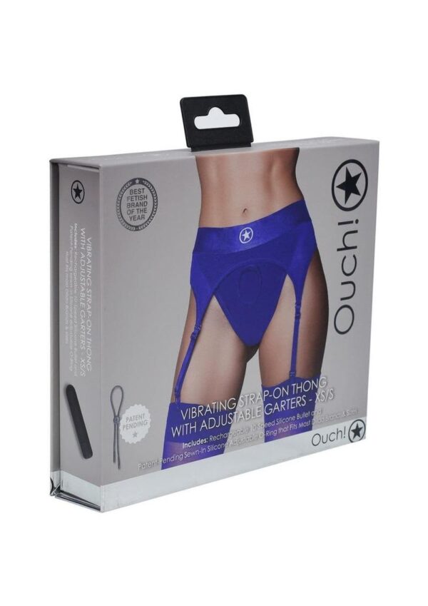 SOA OUCH VIBRATING STRAP-ON THONG W/GARTERS BLUE XS/S