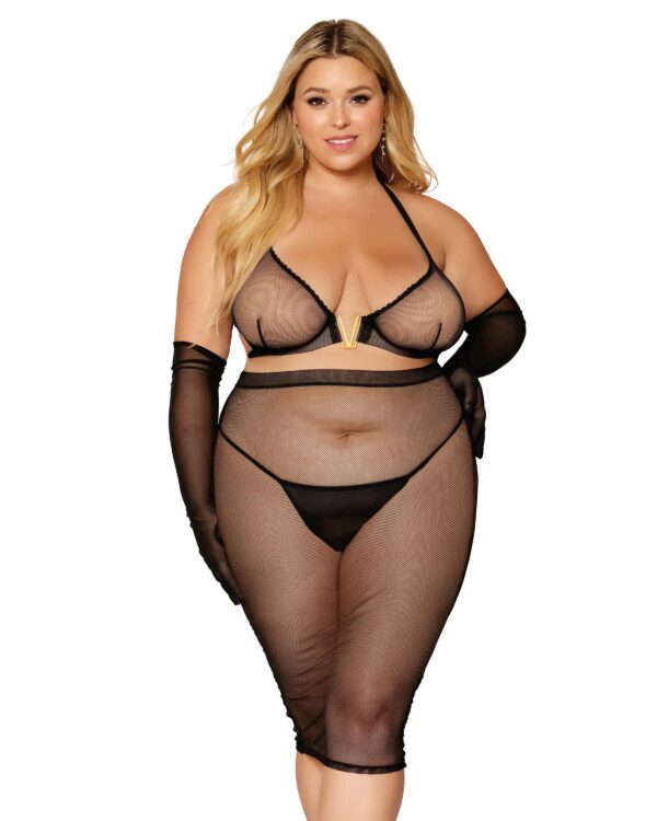 DG 12770X 2PC FISHNET BRA & SKIRT BLACK 1X