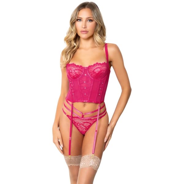 7M 11584 2PC LACE/MESH/RHINESTONE SET FUCHSIA M