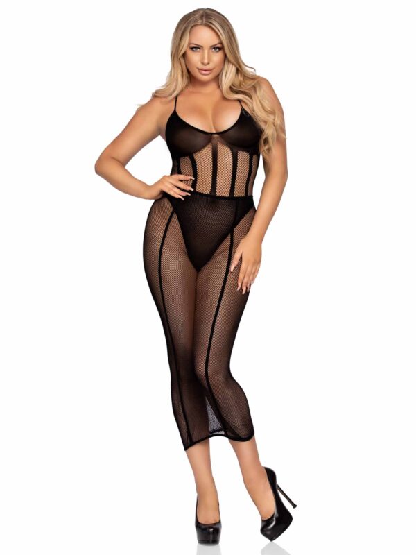 LA 86967 2PC NET BODYSUIT& SKIRT BLK