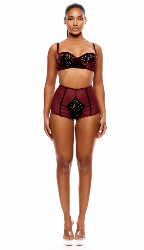 FP 774731 2PC RHINESTONE BRA & SHORT SET WINE S