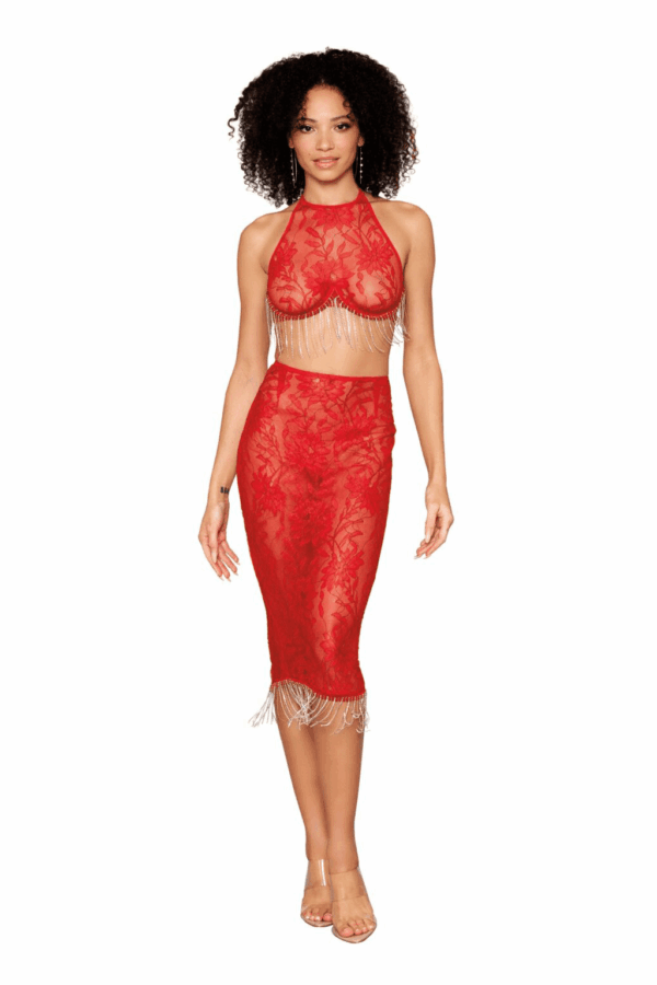 DG 13038 2PC LACE BRA & SKIRT RUBY S
