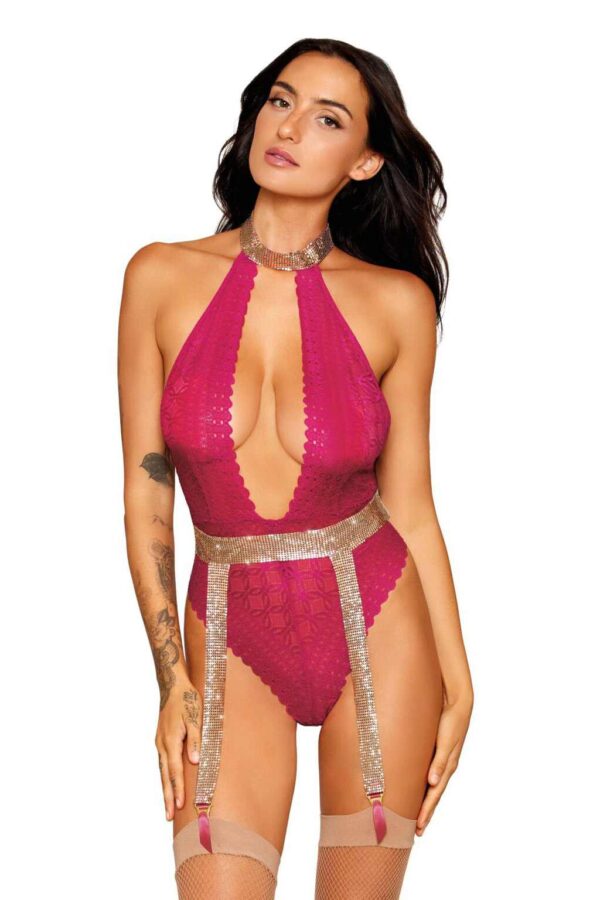 DG 13217 LACE HALTER TEDDY W/CHAIN GARTERBELT BEET S